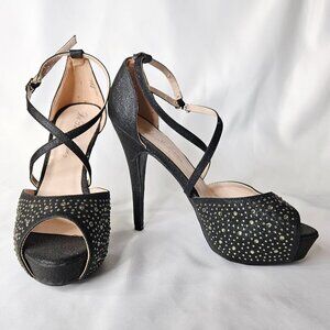 De Blossom Black Rhinestone Peep Toe Women's Shoes Heels US Size 8